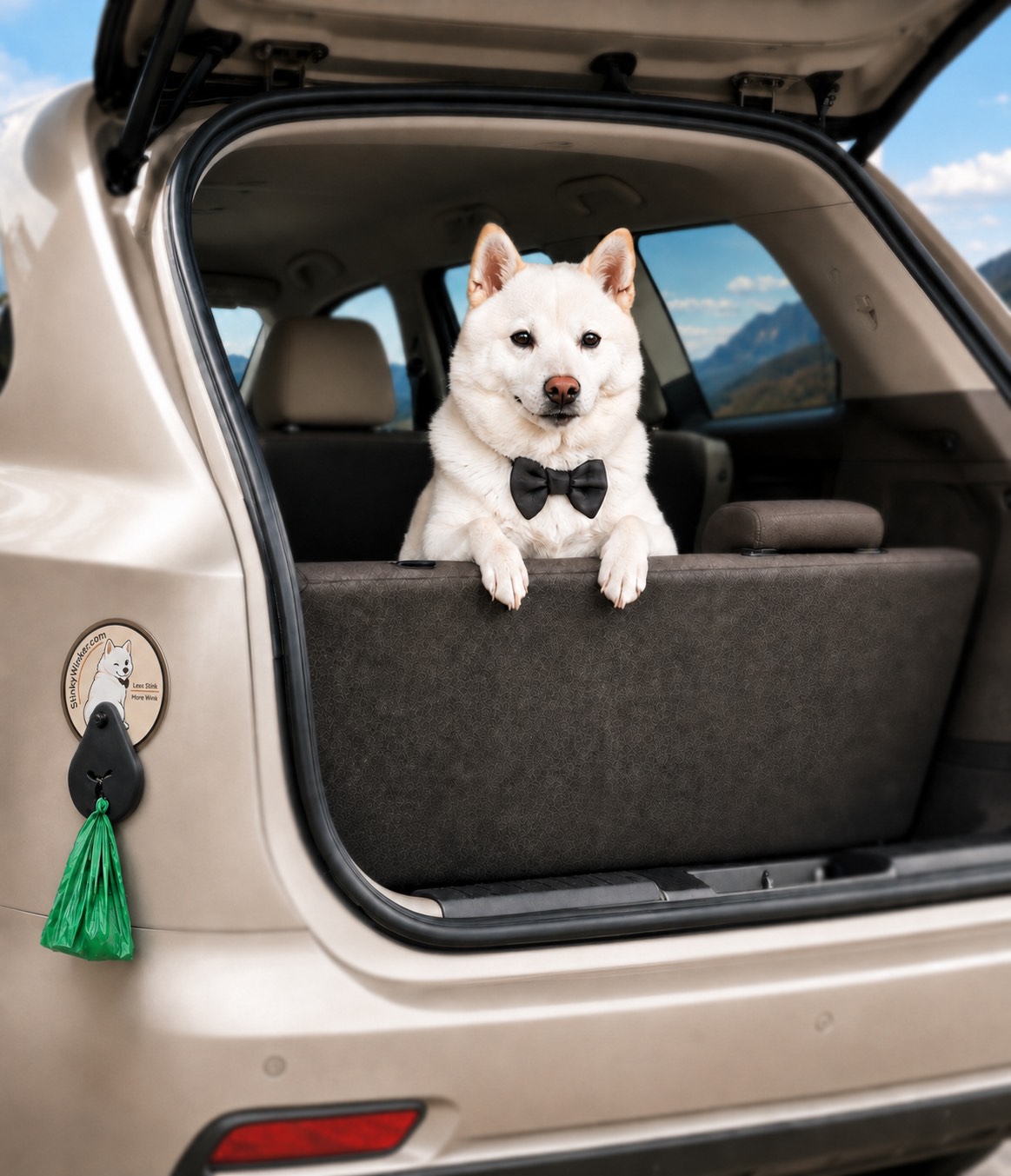 Dog in car trunk with the Winker holding a bag