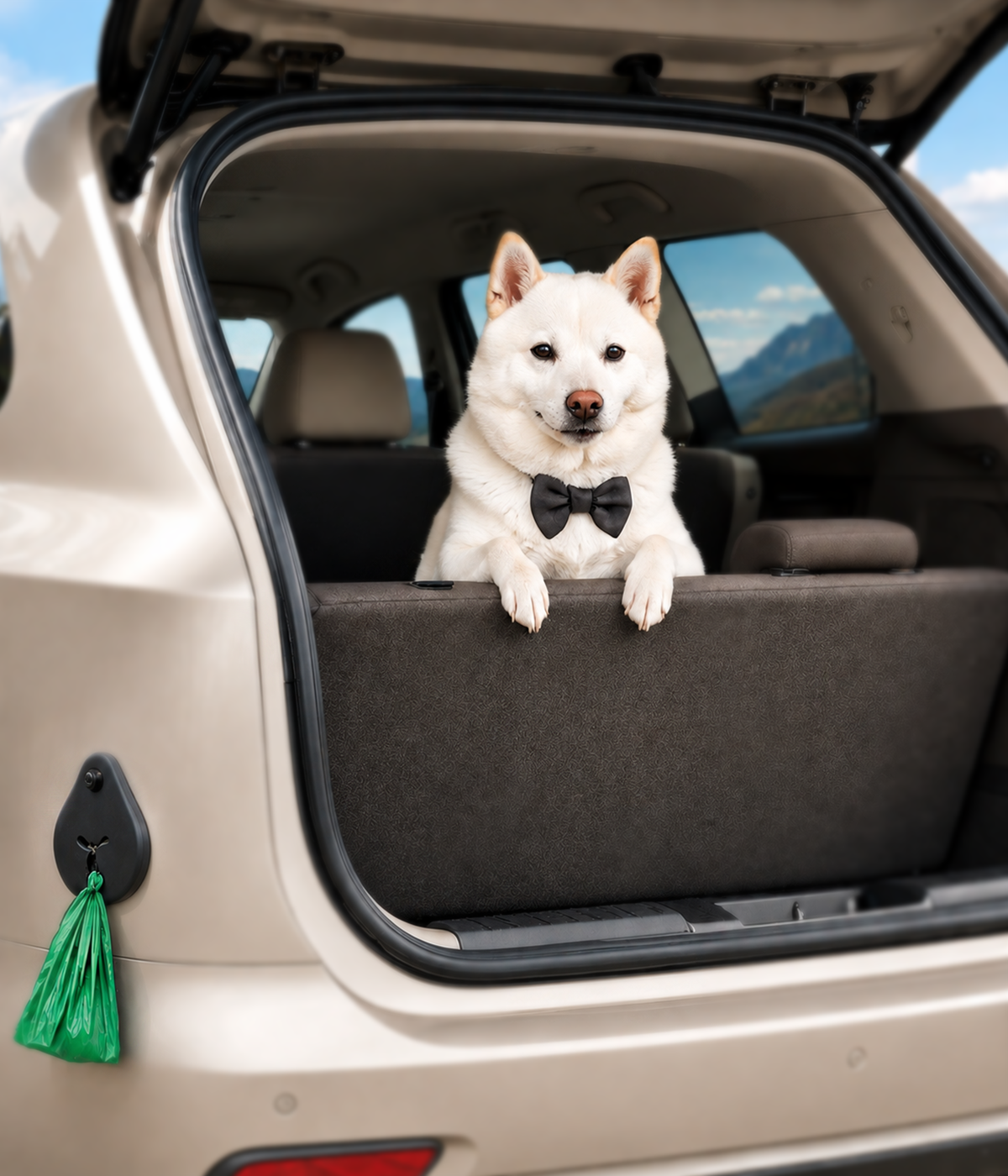Dog in car trunk with the Winker holding a bag