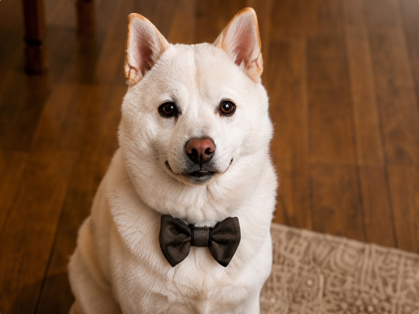 Ghostie the dog wearing a bow tie