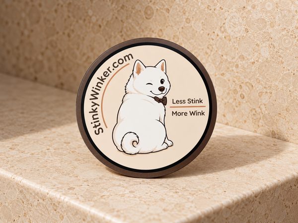 Round Stinky Winker bumper-sticker magnet with the winking dog logo
